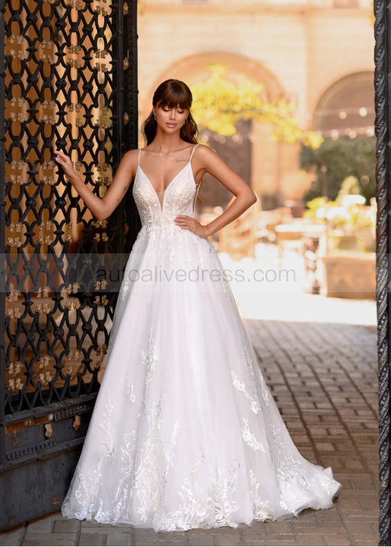 Spaghetti Straps Beaded Ivory Lace Tulle Sexy Wedding Dress